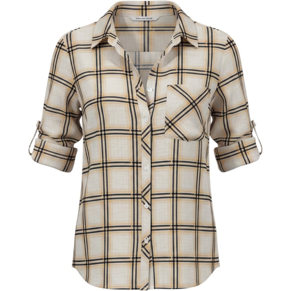 Doublju Plaid Button Up Shirt Long Sleeve Roll Tab White Tan Navy Womens XL